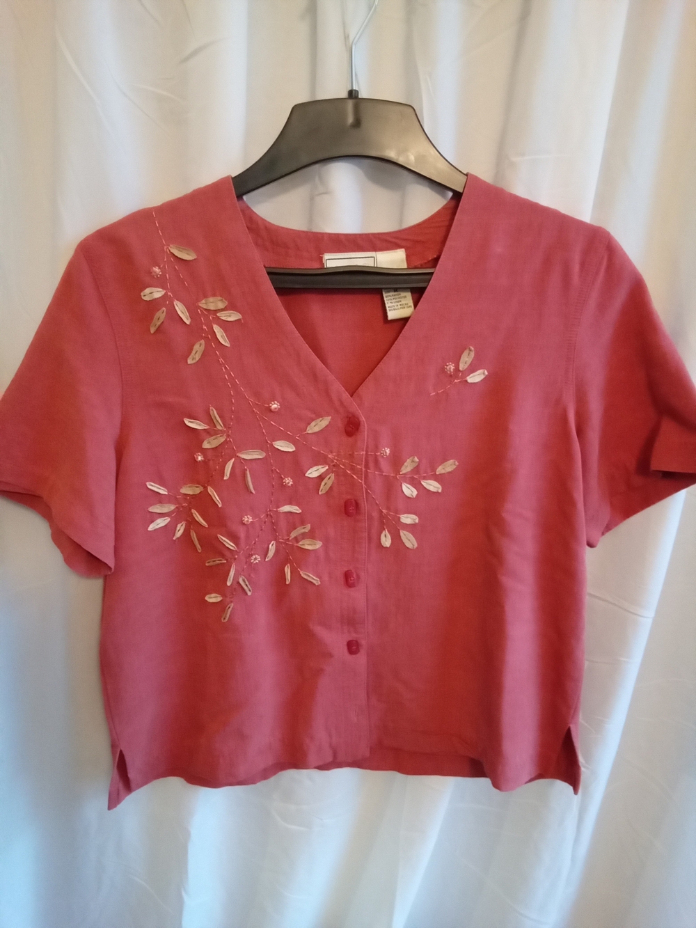 Napa Valley Women Coral Embroidered V-Neck Button Front Top M WV84501